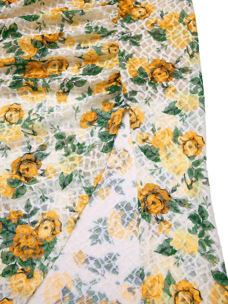 Robe froncée à bretelles sirène roses jaunes des années 1930