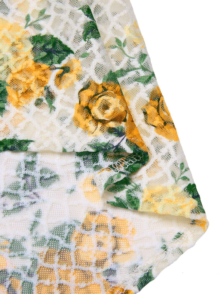 Robe froncée à bretelles sirène roses jaunes des années 1930