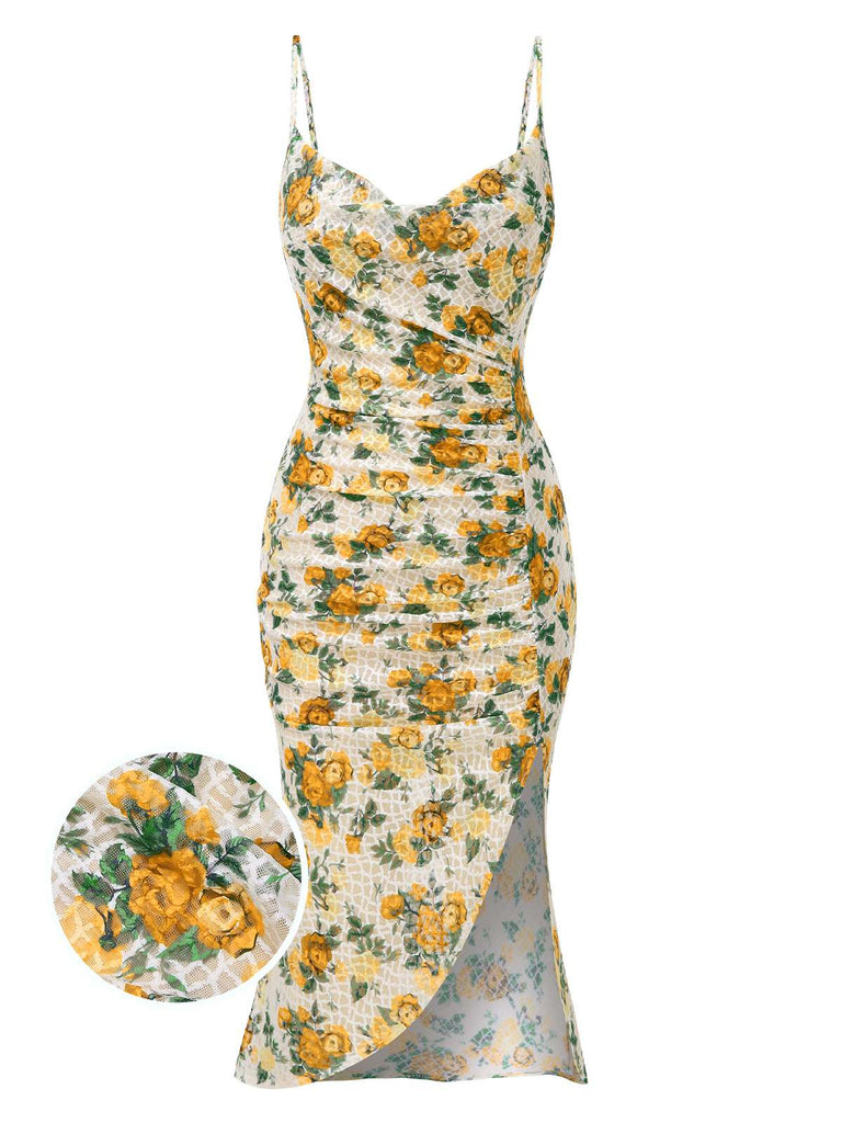 Robe froncée à bretelles sirène roses jaunes des années 1930