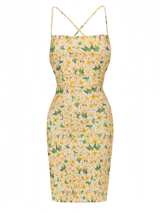 Robe jaune à fleurs froncées et lacées dans le dos des années 1960