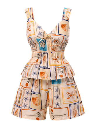 2PCS Haut et short multicolores motifs de vie marine des années 1940