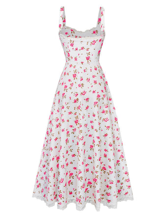 Robe patchwork en dentelle rose à bretelles roses des années 1940