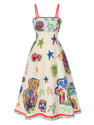 Robe à bretelles multicolore imprimé marin des années 1950