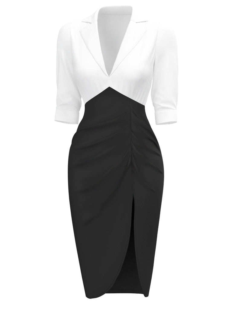 Robe moulante froncée à col cranté blanche et noire des années 1960