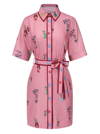 Robe rose à imprimé dessins animés col revers avec ceinture des années 1960