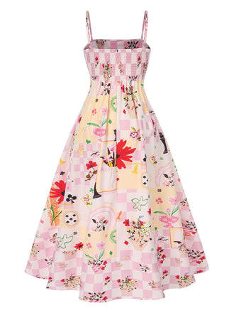 Robe multicolore floral et damier à bretelles années 1940