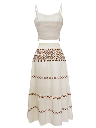 2PCS Top et jupe de bohème à bretelles frangées beige des années 1970