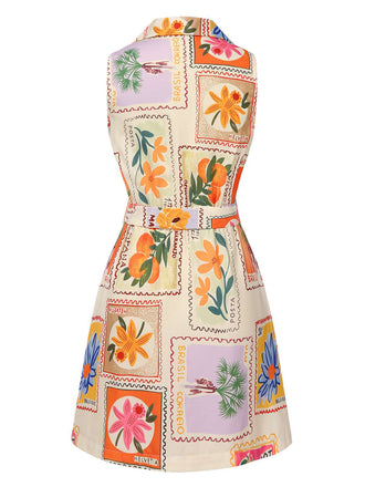 Robe col échancré motifs floraux timbres multicolores des années 1960