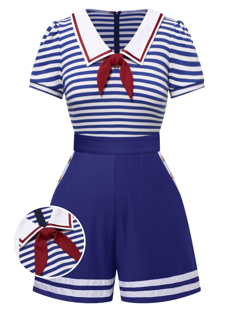 Combishort en coton rayures nautiques bleu avec cravate années 1950