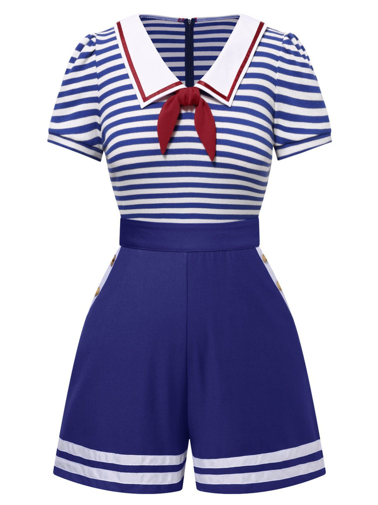 Combishort en coton rayures nautiques bleu avec cravate années 1950