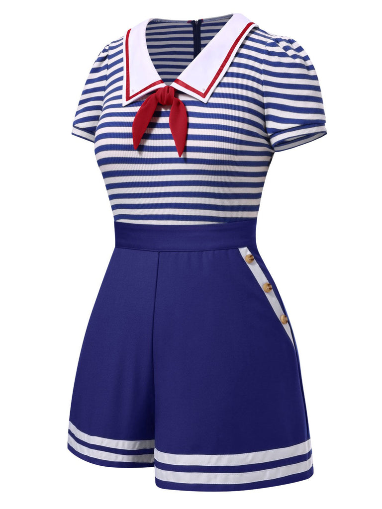 Combishort en coton rayures nautiques bleu avec cravate années 1950