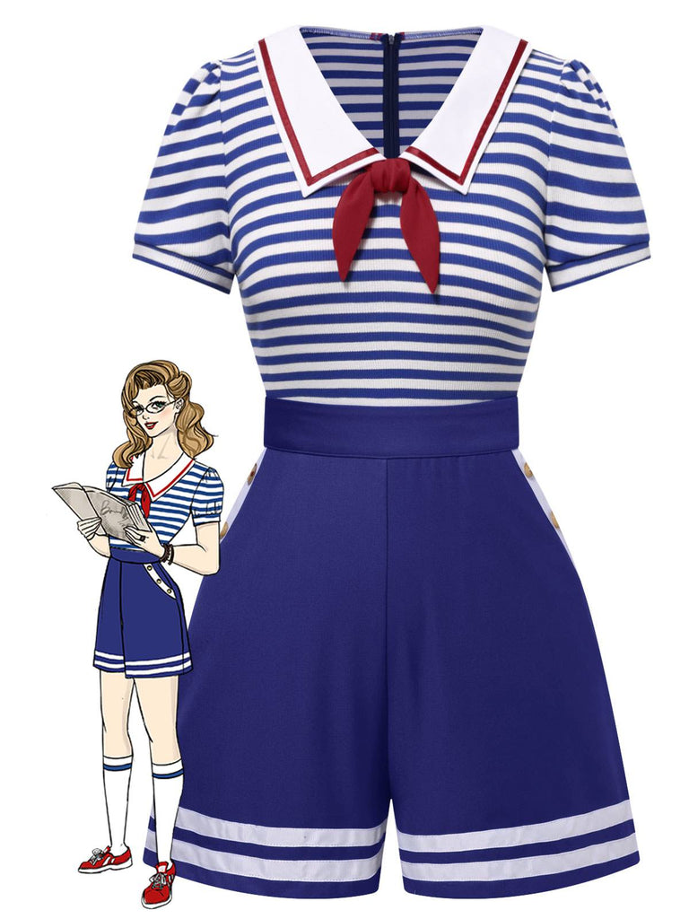 Combishort en coton rayures nautiques bleu avec cravate années 1950
