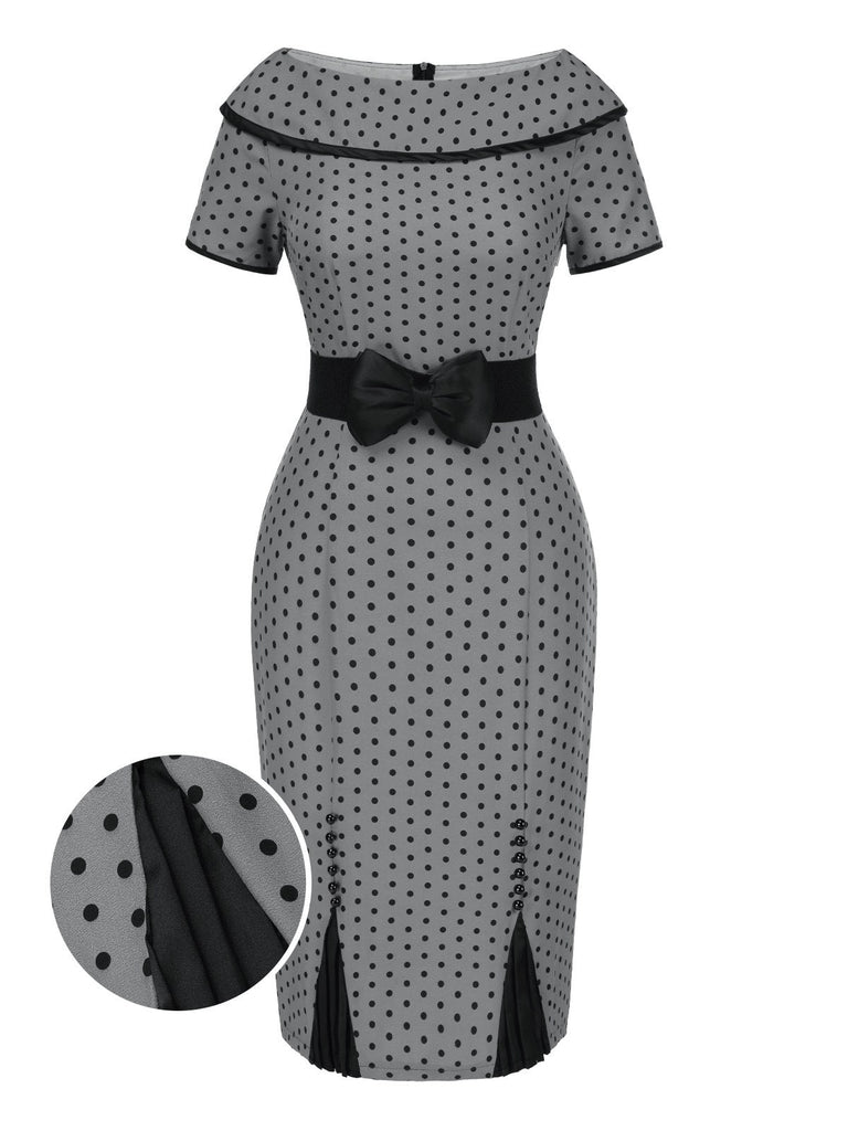 Robe crayon grise à pois et col bateau des années 1960
