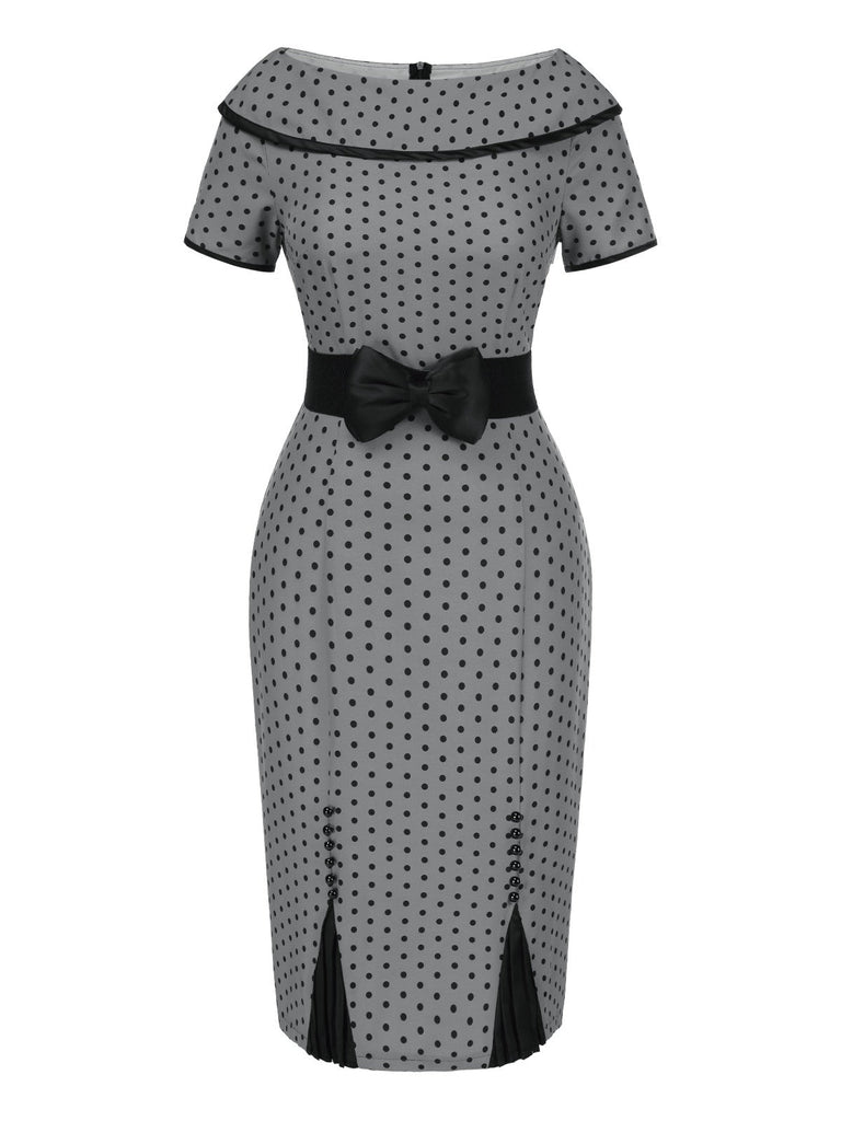 Robe crayon grise à pois et col bateau des années 1960