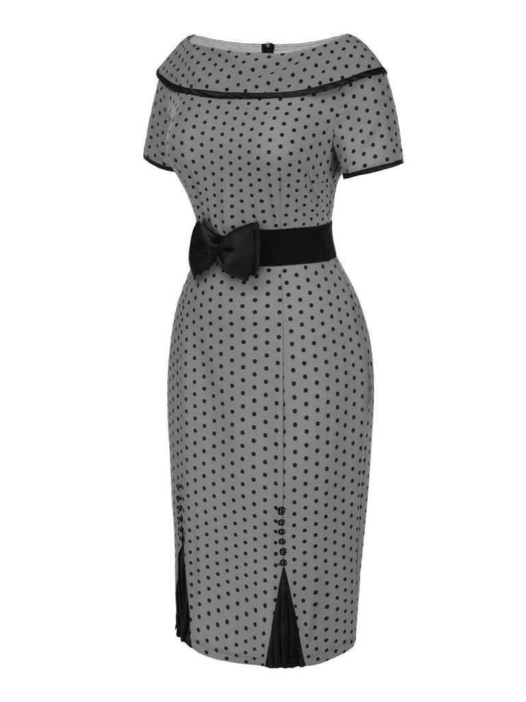 Robe crayon grise à pois et col bateau des années 1960
