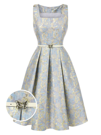 Robe à col carré bleu clair en jacquard floral des années 1950