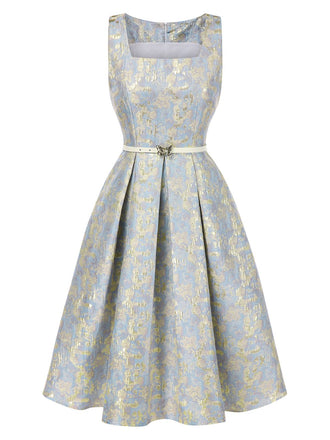 Robe à col carré bleu clair en jacquard floral des années 1950