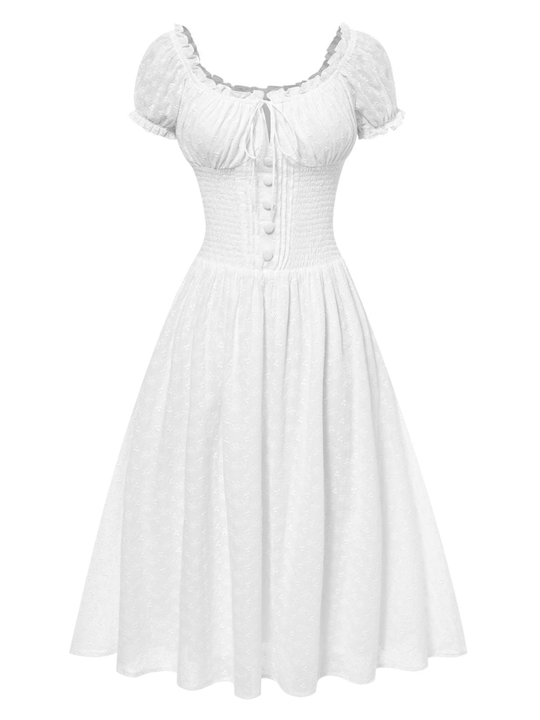 Robe blanche en coton de dentelle brodée années 1940