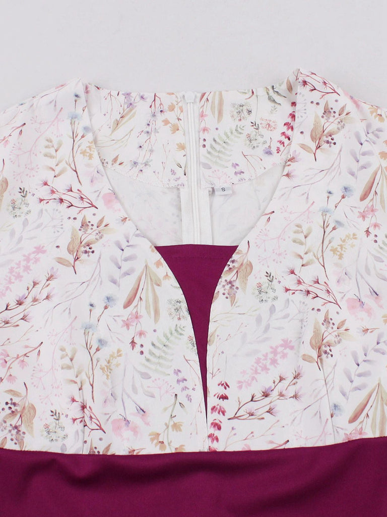 Robe fleurie manches cloche et décolleté en cœur Rose Viole des années 1950