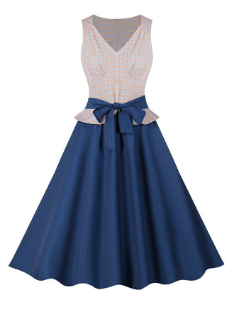 Robe patchwork à carreaux col V bleu foncé des années 1950