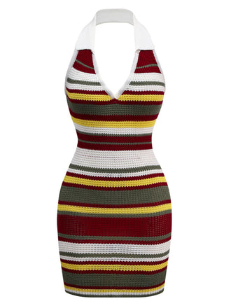 Robe verte en tricot à rayures et col en V années 1960