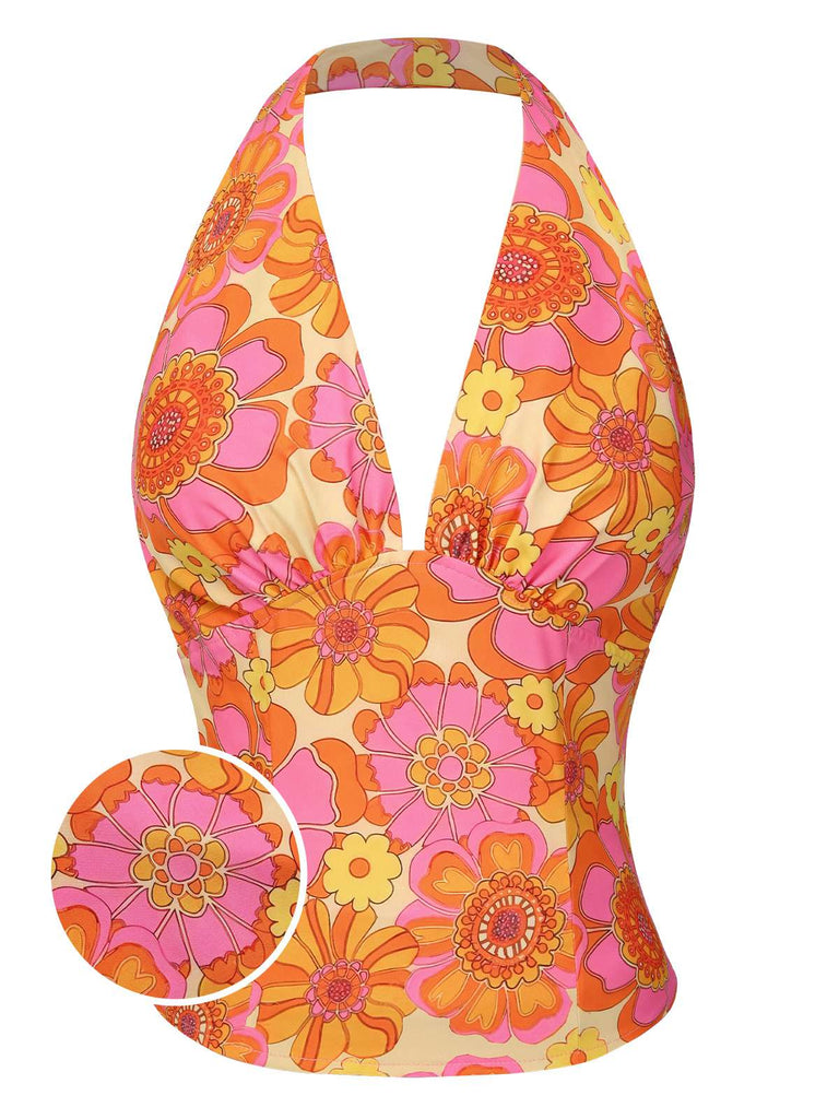 2PCS haut dos nu fleuri et jupe plissée orange des années 1960