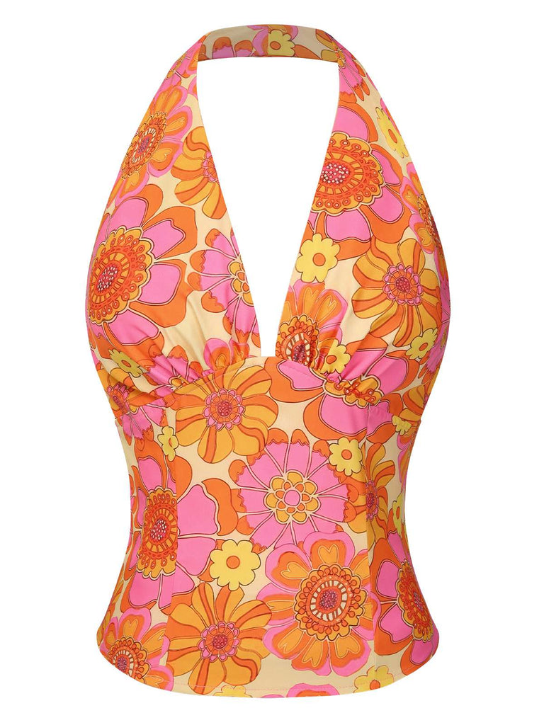 2PCS haut dos nu fleuri et jupe plissée orange des années 1960