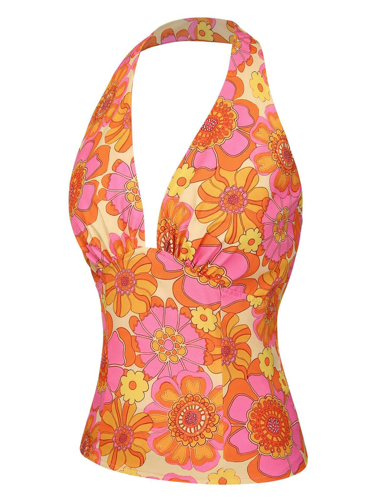 2PCS haut dos nu fleuri et jupe plissée orange des années 1960
