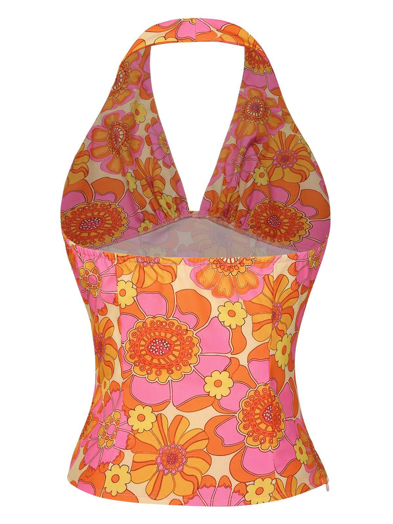 2PCS haut dos nu fleuri et jupe plissée orange des années 1960
