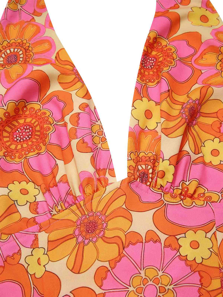 2PCS haut dos nu fleuri et jupe plissée orange des années 1960
