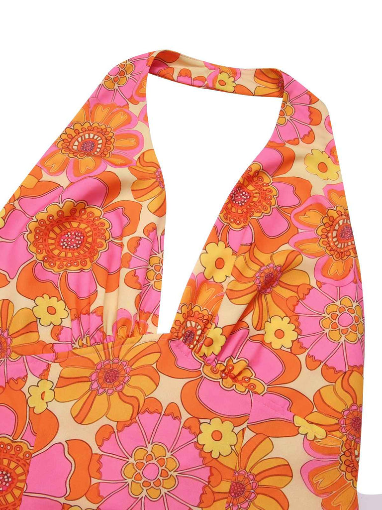 2PCS haut dos nu fleuri et jupe plissée orange des années 1960