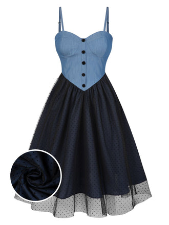 Robe bleue en denim à pois et maille années 1950
