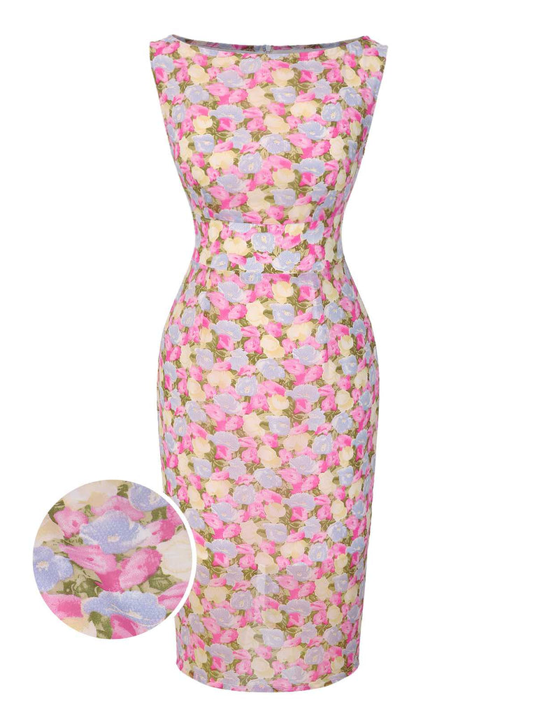 Robe moulante rose fleurie à col bateau années 1960