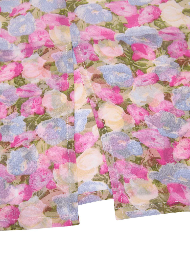 Robe moulante rose fleurie à col bateau années 1960