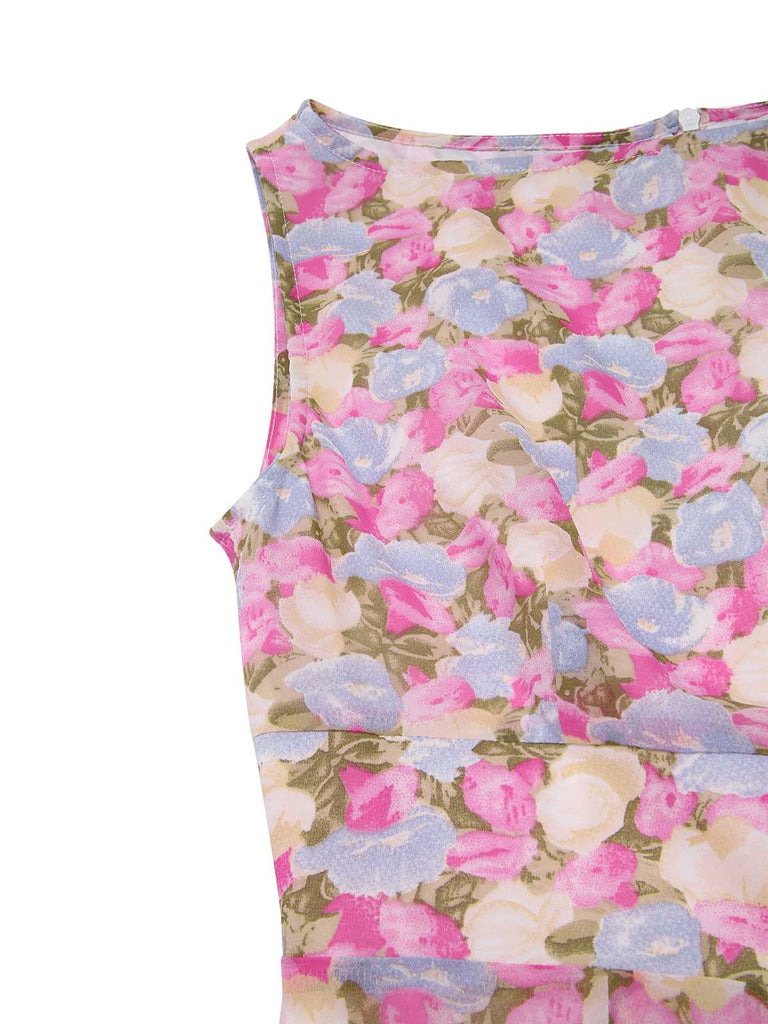 Robe moulante rose fleurie à col bateau années 1960