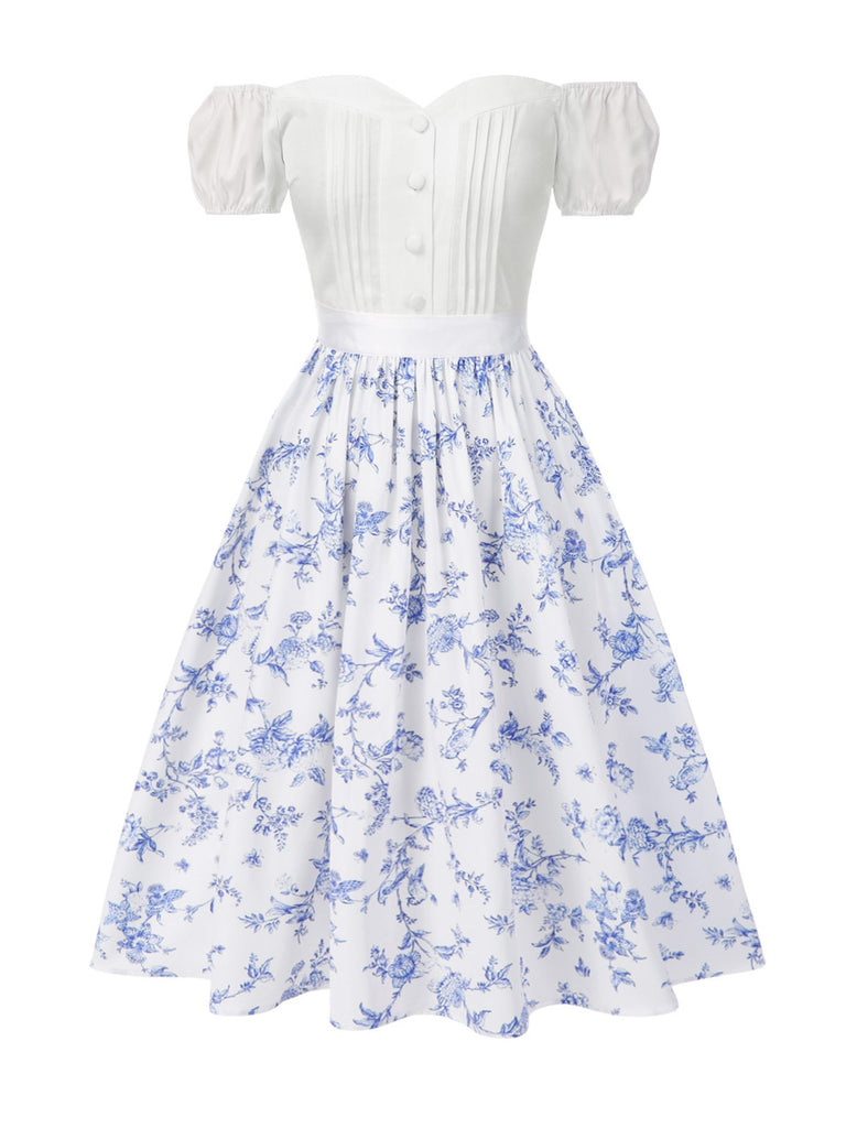 2PCS hauts bouffants blancs épaules dénudées et jupe fleurie bleue années 1950