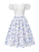 2PCS hauts bouffants blancs épaules dénudées et jupe fleurie bleue années 1950