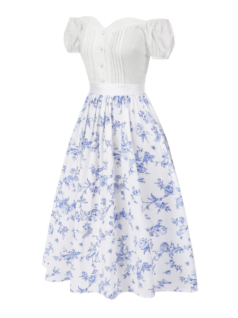 2PCS hauts bouffants blancs épaules dénudées et jupe fleurie bleue années 1950