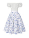 2PCS hauts bouffants blancs épaules dénudées et jupe fleurie bleue années 1950