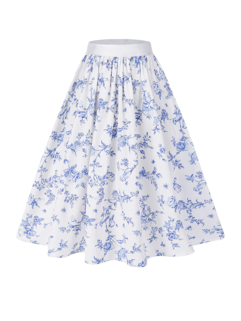 2PCS hauts bouffants blancs épaules dénudées et jupe fleurie bleue années 1950