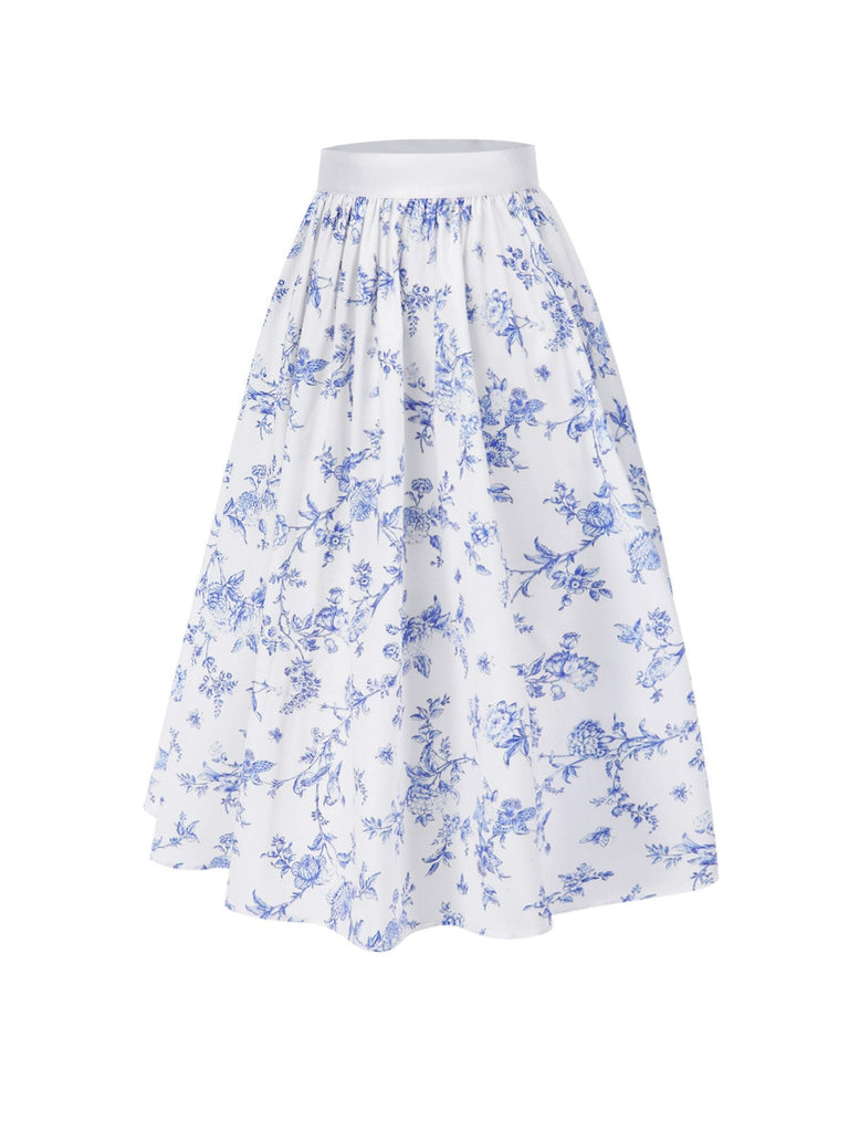 2PCS hauts bouffants blancs épaules dénudées et jupe fleurie bleue années 1950