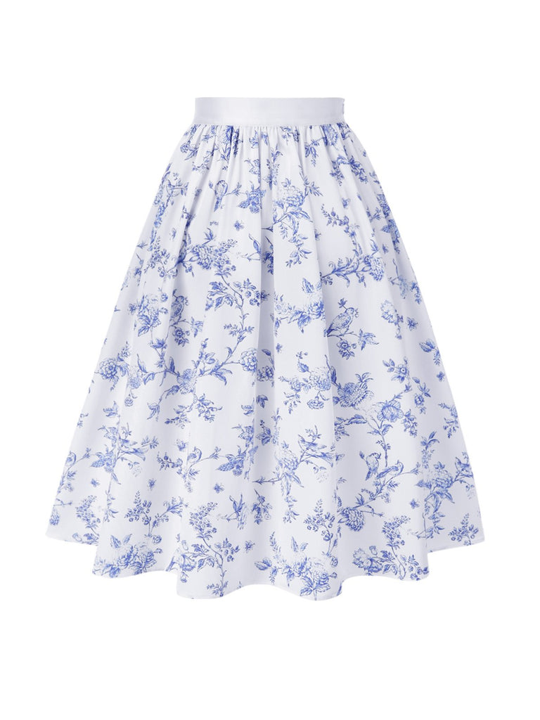 2PCS hauts bouffants blancs épaules dénudées et jupe fleurie bleue années 1950