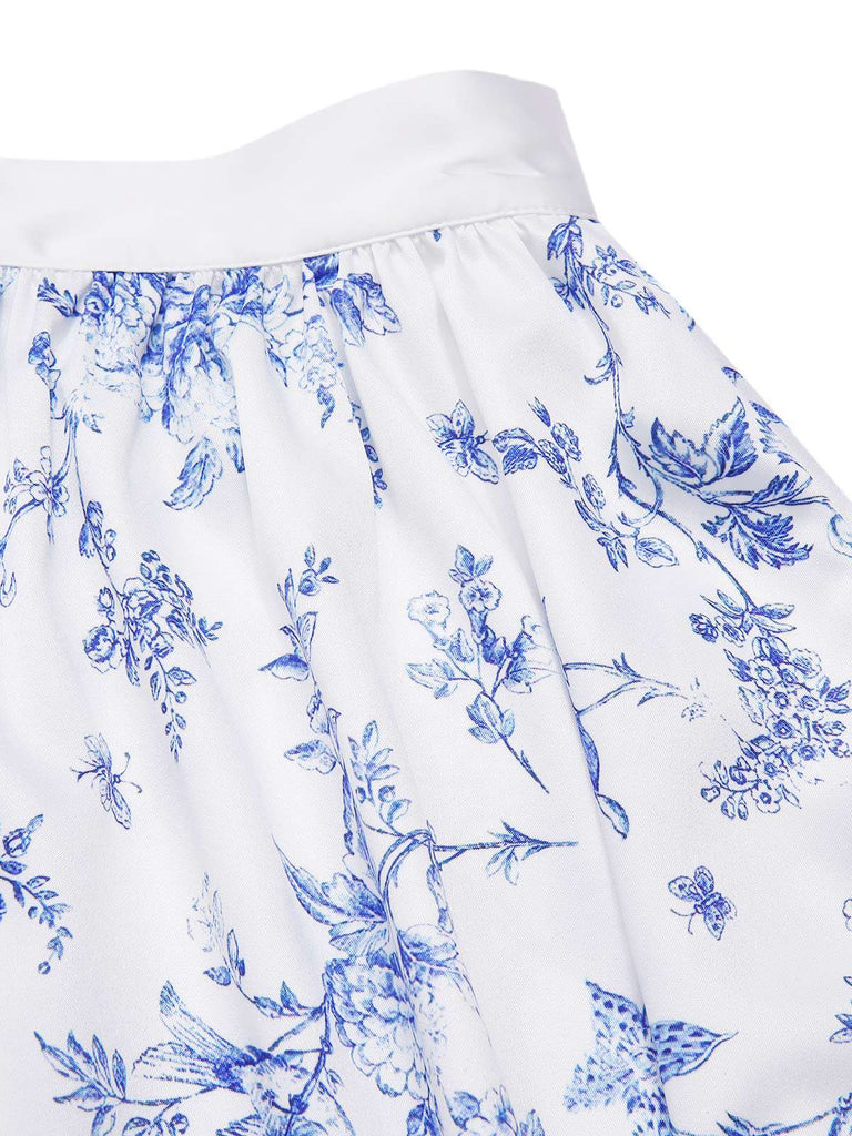 2PCS hauts bouffants blancs épaules dénudées et jupe fleurie bleue années 1950