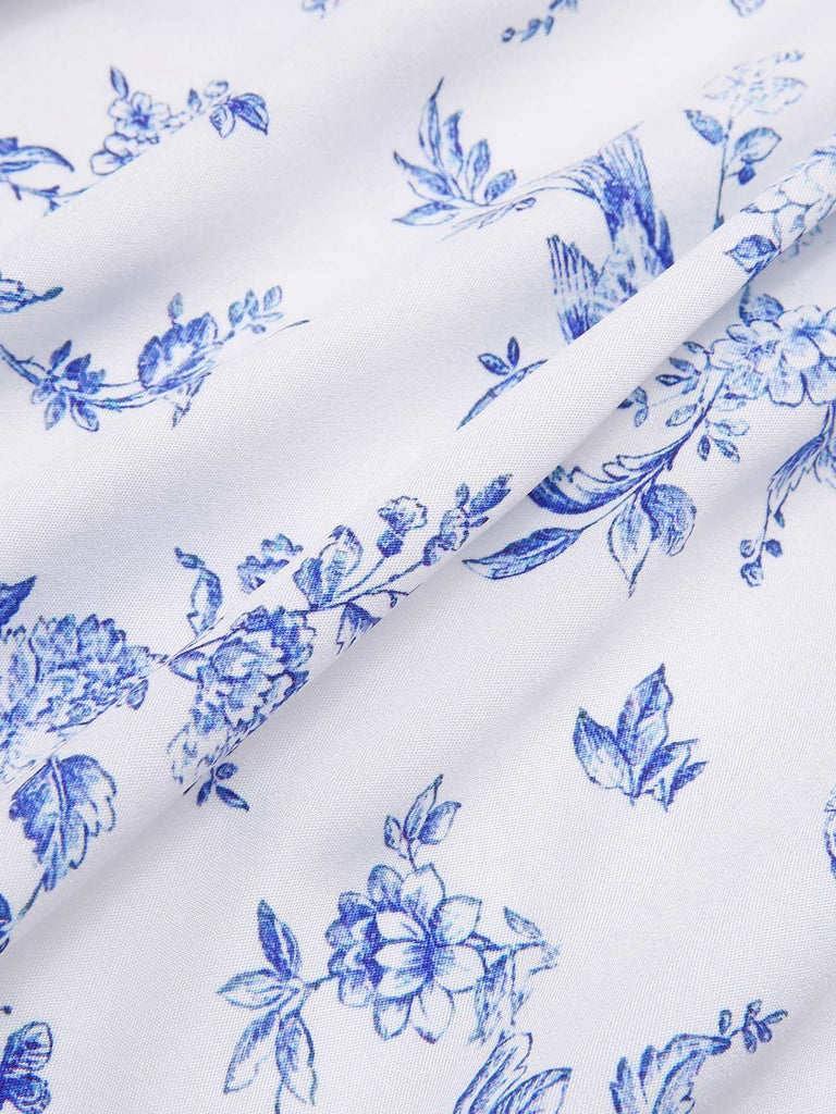 2PCS hauts bouffants blancs épaules dénudées et jupe fleurie bleue années 1950