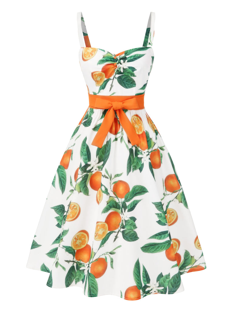Robe orange à bretelles et nœud à la taille années 1950