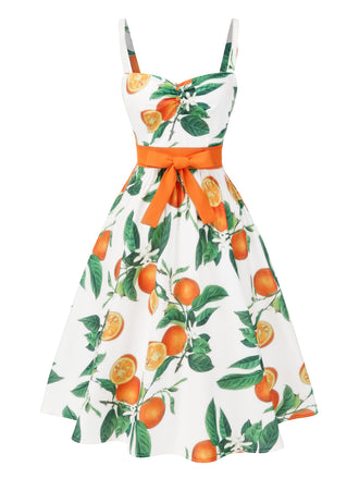 Robe orange à bretelles et nœud à la taille années 1950