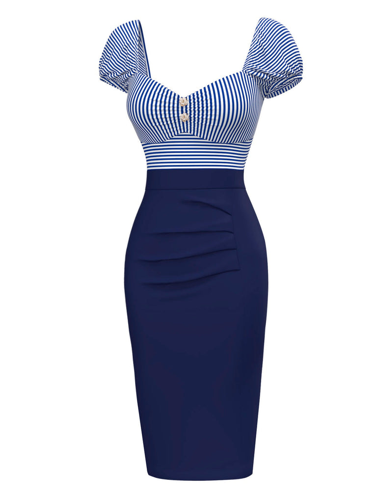 Robe crayon rayures bleu foncé manches bouffantes années 1960
