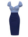 Robe crayon rayures bleu foncé manches bouffantes années 1960