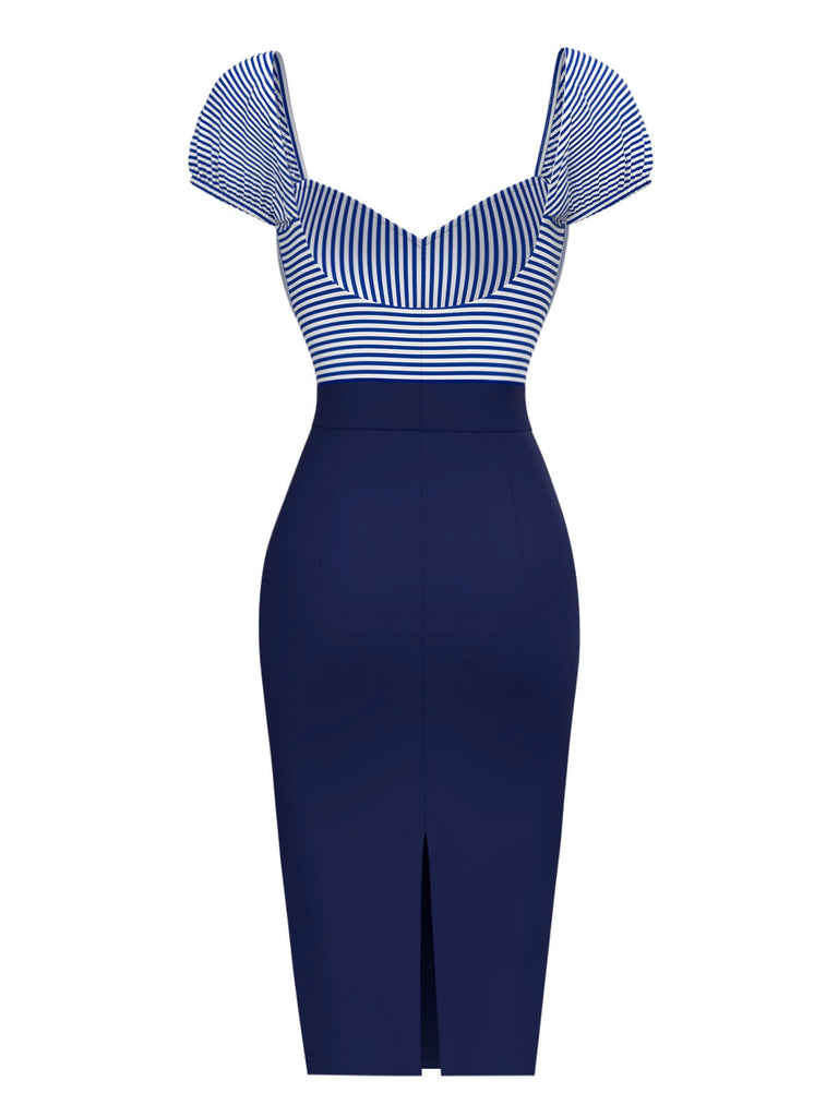 Robe crayon rayures bleu foncé manches bouffantes années 1960