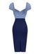 Robe crayon rayures bleu foncé manches bouffantes années 1960